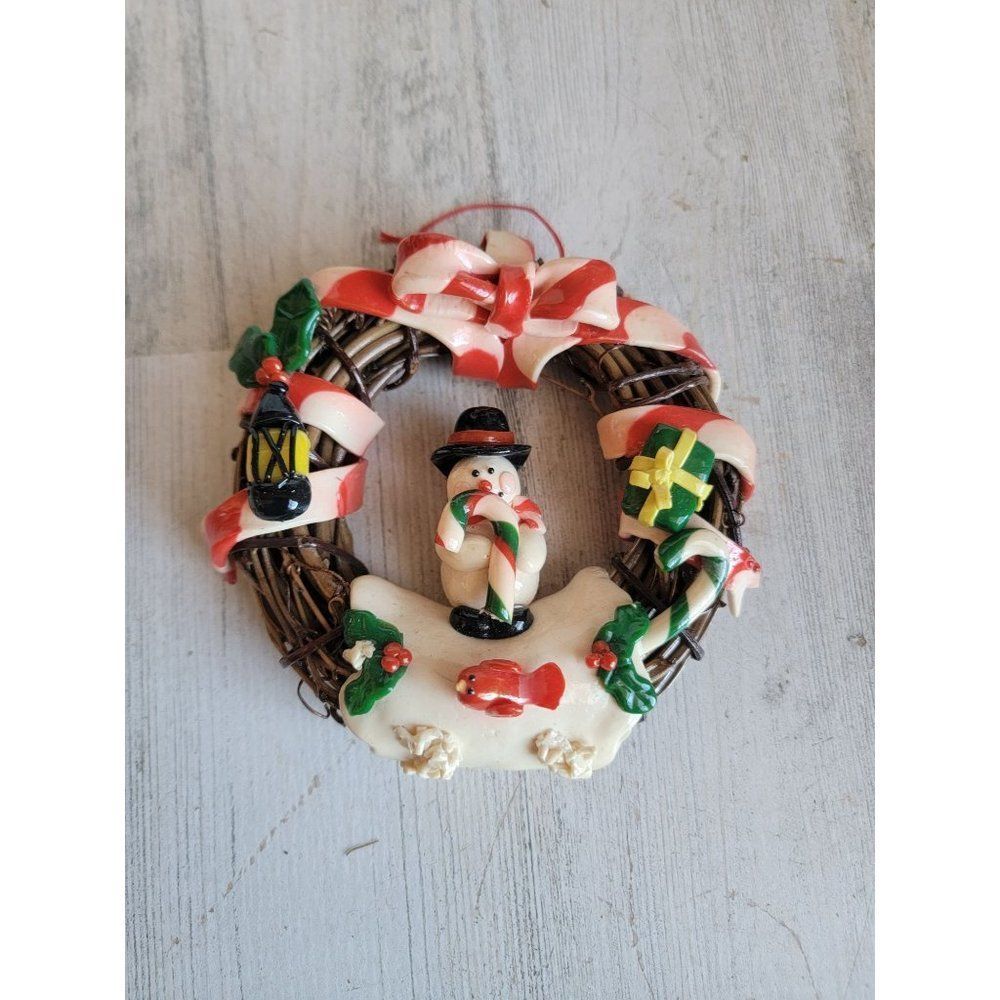 Vintage Clay-Doh miniature wreath snowman candy cane Xmas ornament